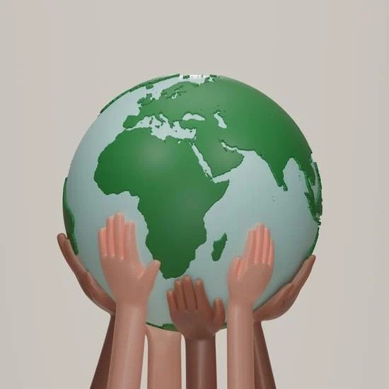Illustration of hands lifting up a green and blue globe